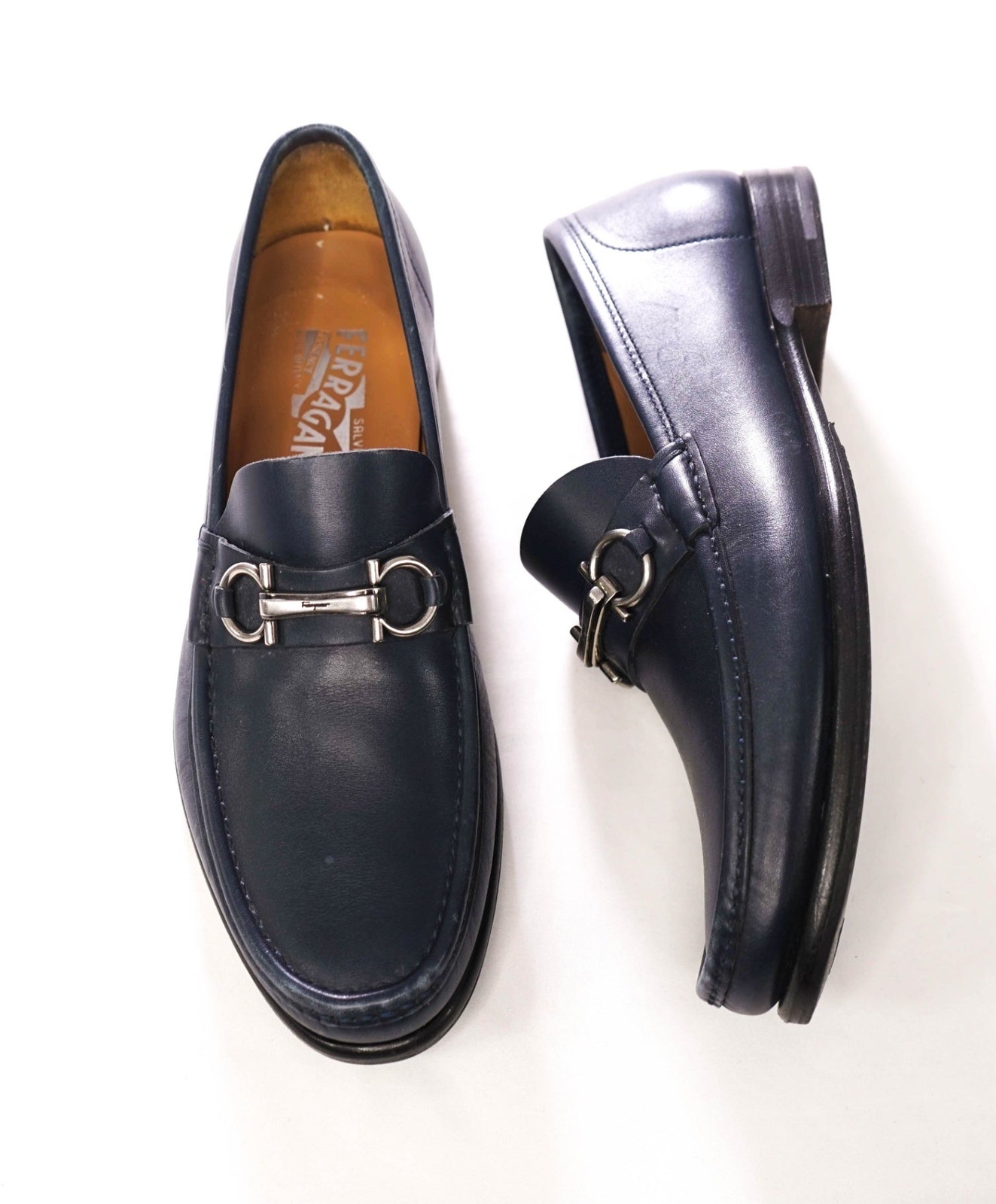 $850 Ferragamo - "Rafael" Navy Blue Leather Loafers - 8 Ee